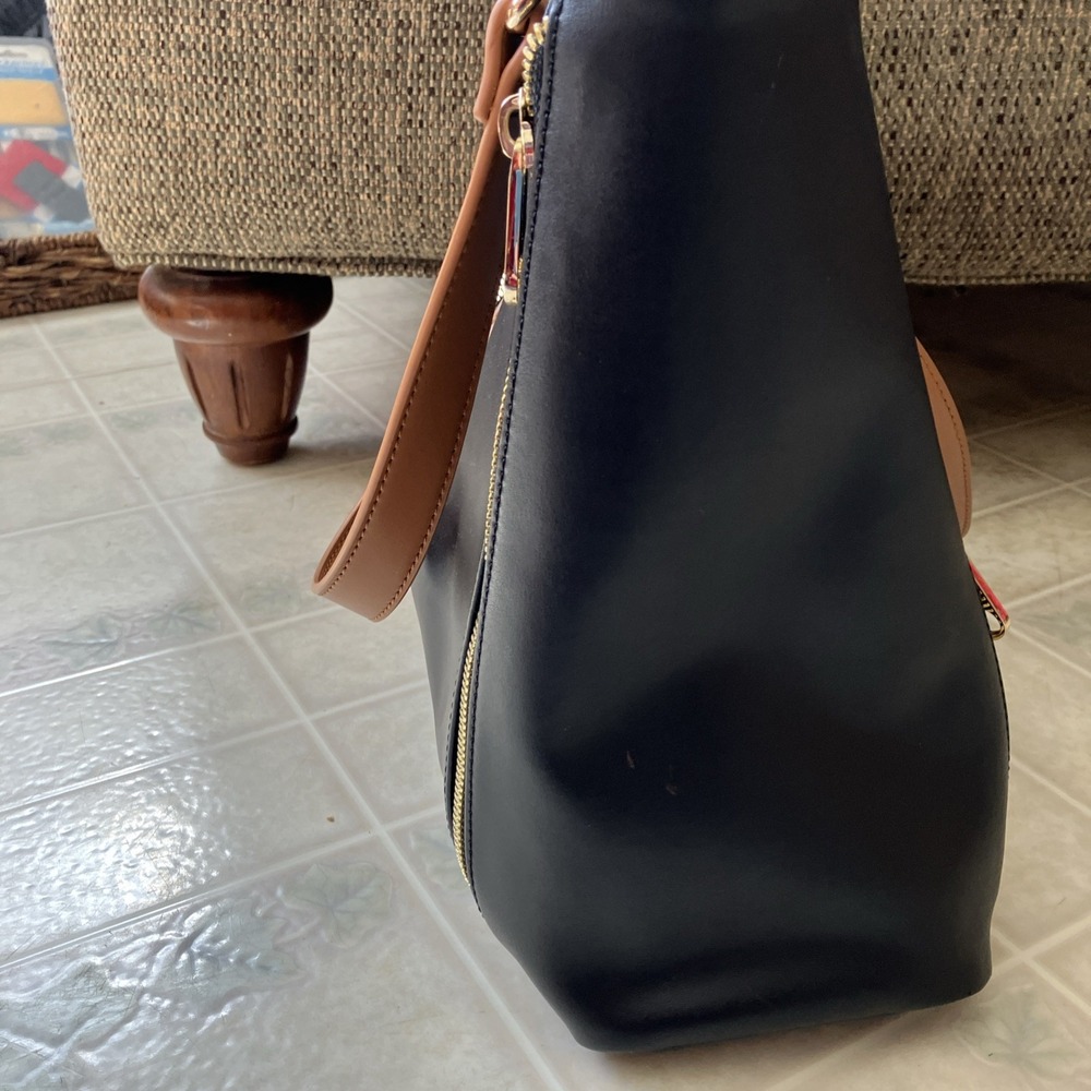 Spartina 449 Black Leather Tote Brown Handles Gold Zippers Plaid Accent 2 handle - Picture 7 of 10